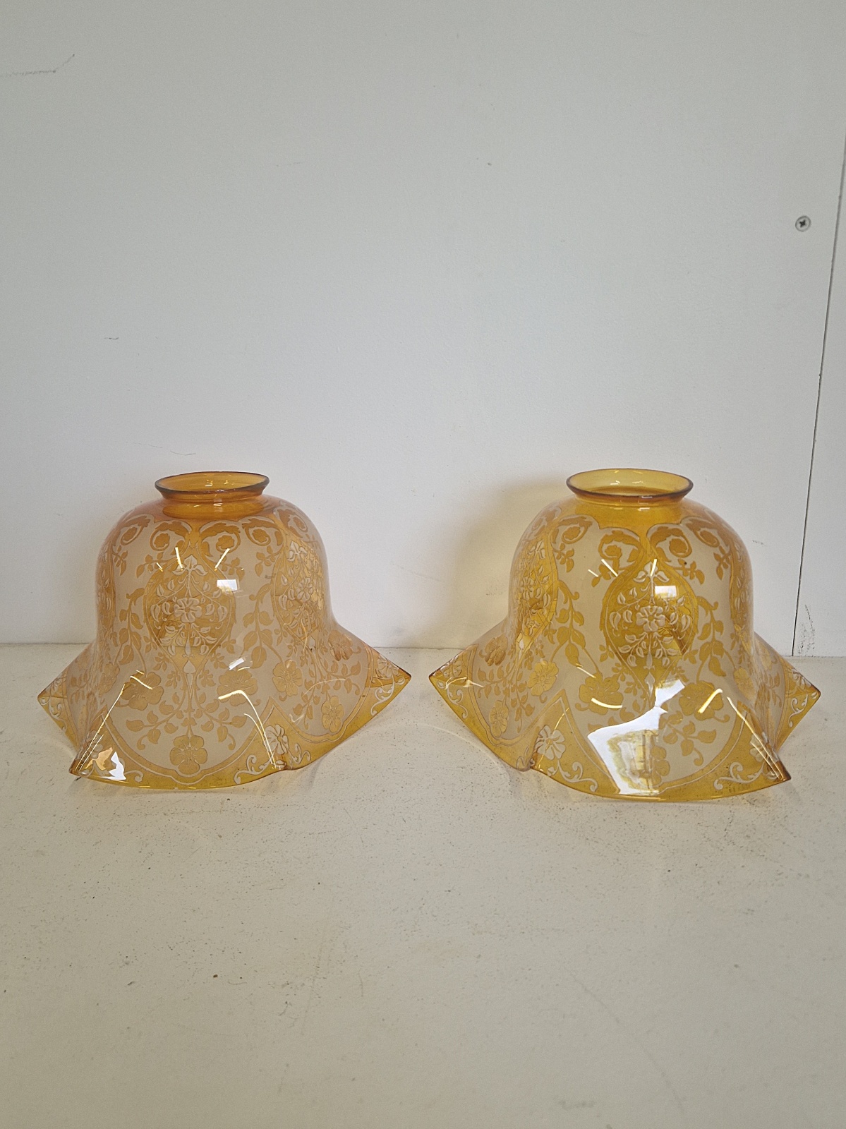 2 Large Amber-Etched Gas Lampshades | England c.1900