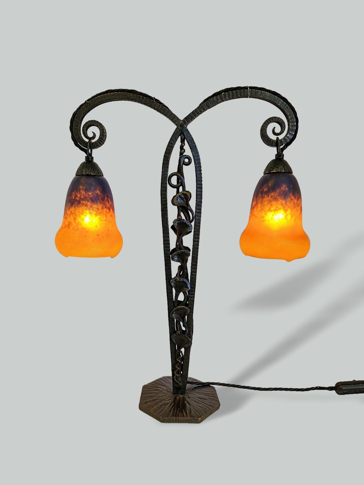 Verreries Charles Schneider | Wrought-Iron Twin-Arm Desk Lamp | France c.1920