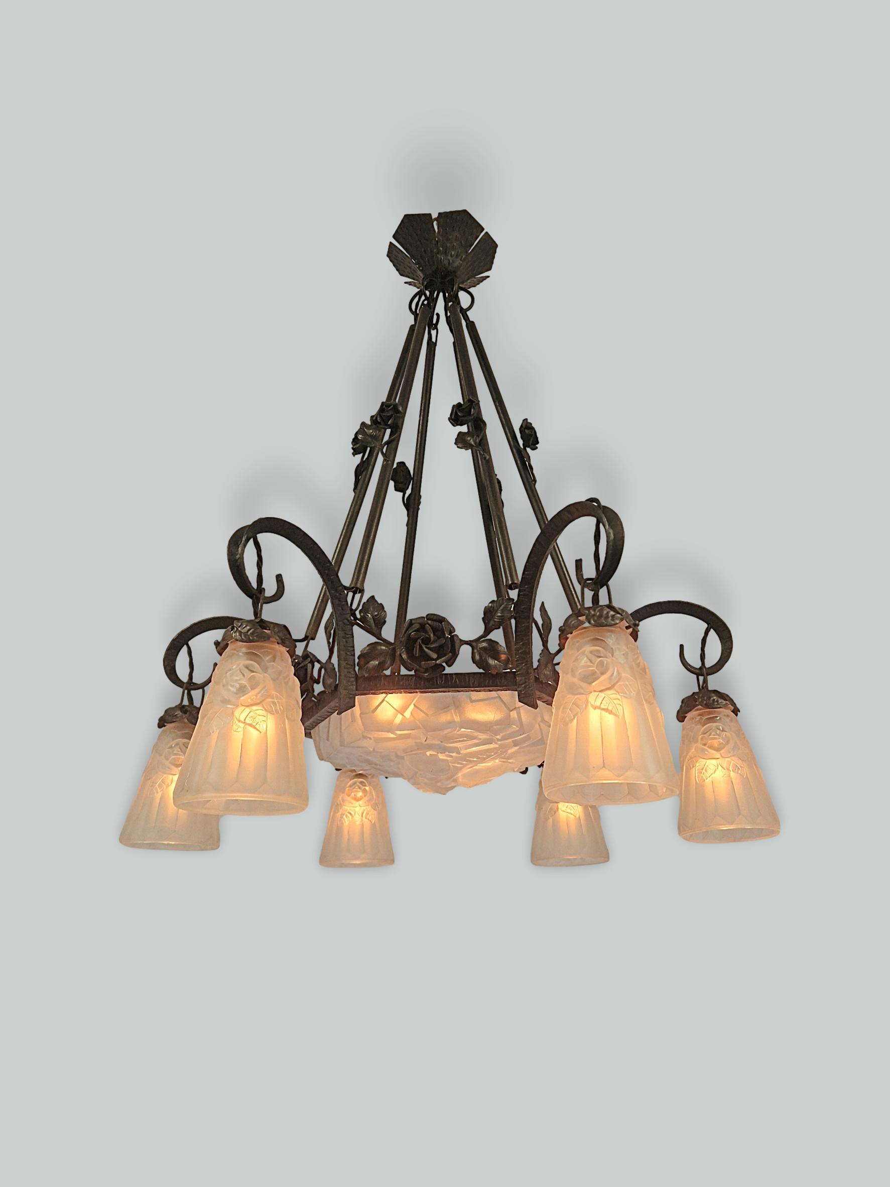 Verrerie D'art Degué | 6-branch Wrought-Iron Art Deco Chandelier | France c.1930 | SOLD