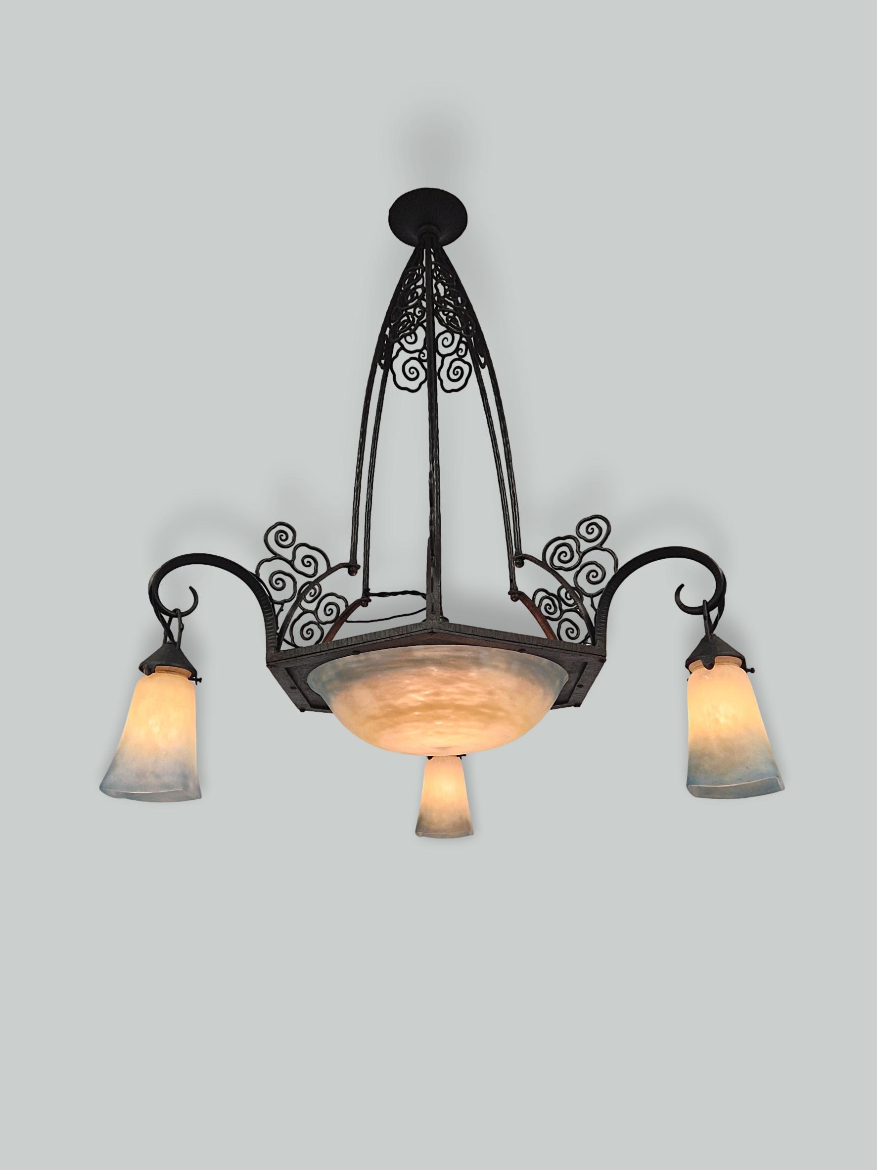 Muller Frères, Luneville | Sky-blue Pate-de-verre Chandelier | France c.1925