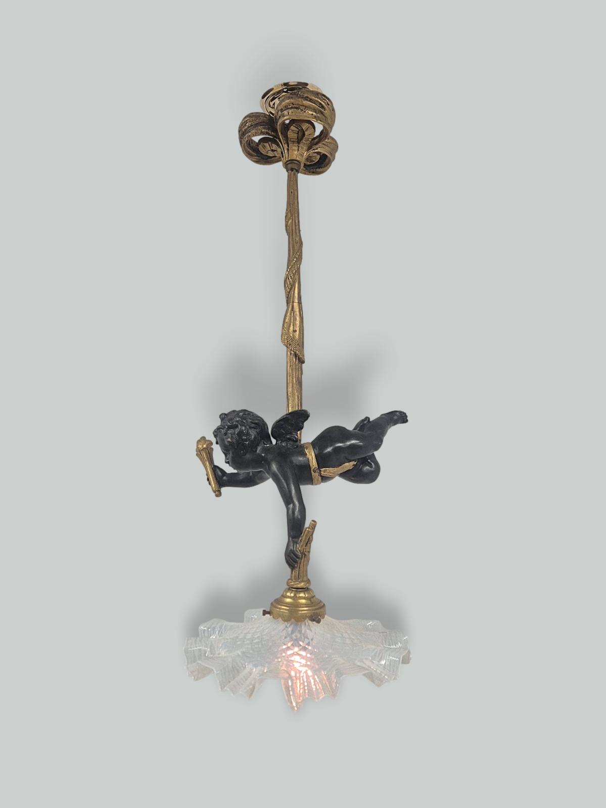 Unsigned | Large Bronze Winged Cherub Light | France c.1905