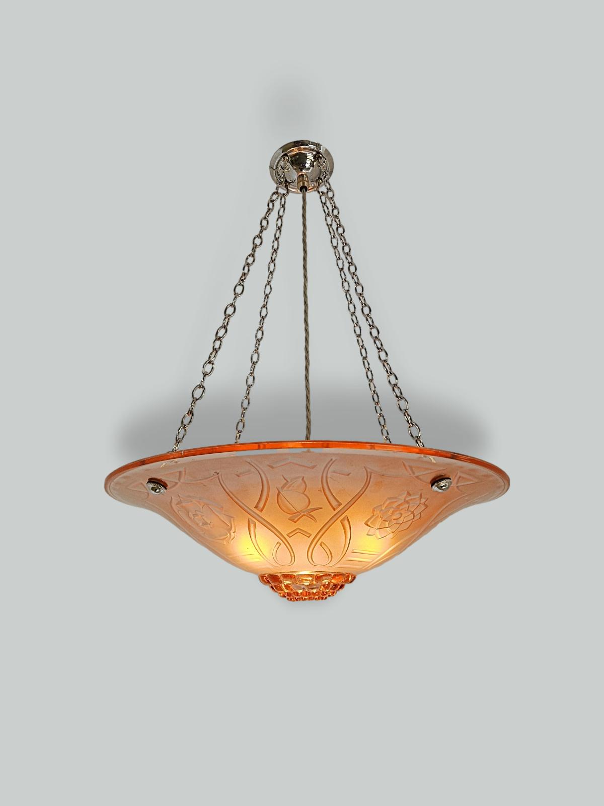 Unsigned | Large Pink Art Deco Plafonnier | France c.1935