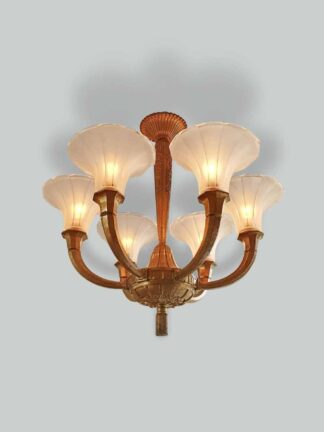 Hettier et Vincent, Paris | 6-Branch Bronze Art Deco Chandelier | France c.1930