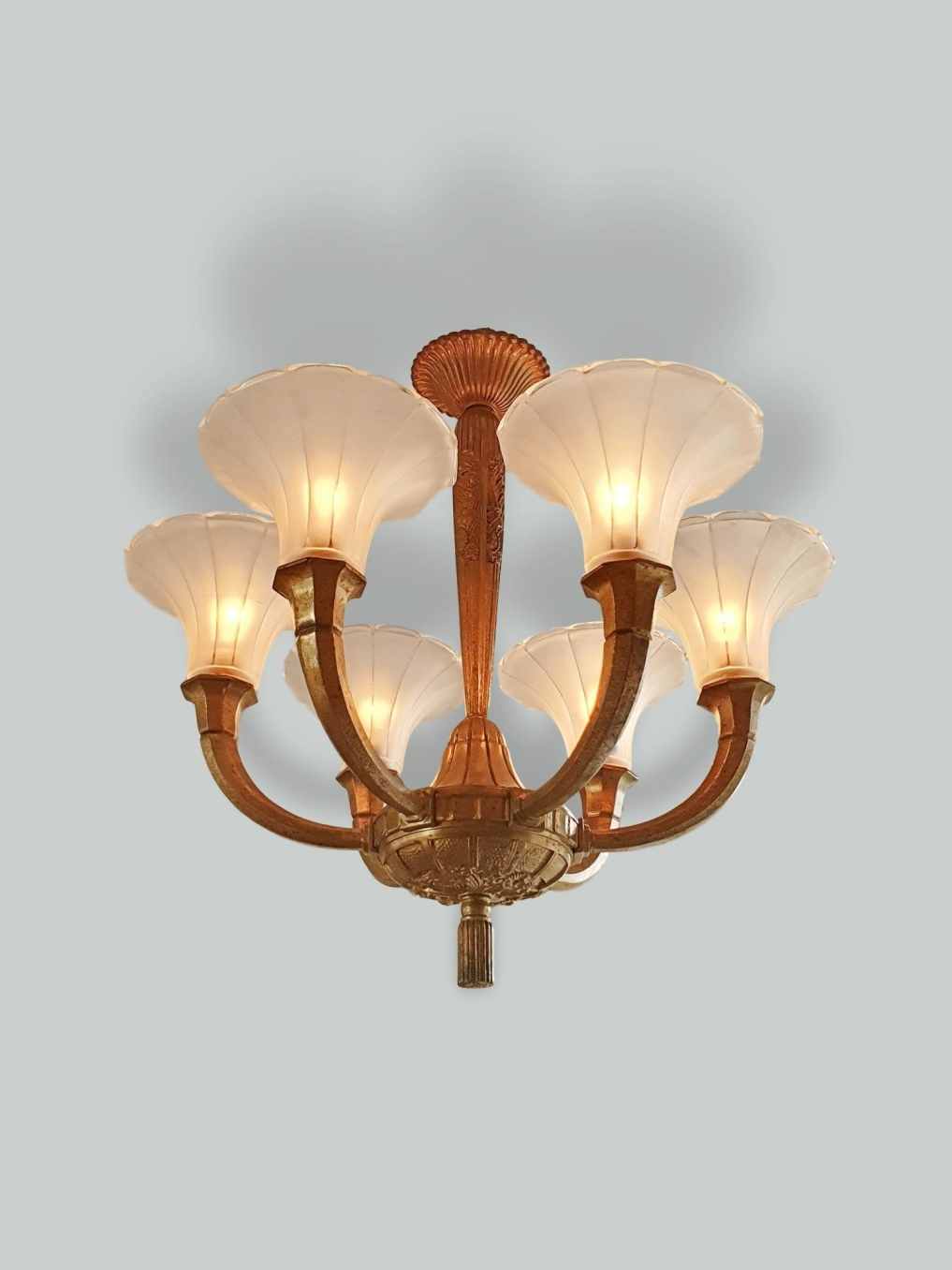 Hettier et Vincent, Paris | 6-Branch Bronze Art Deco Chandelier | France c.1930