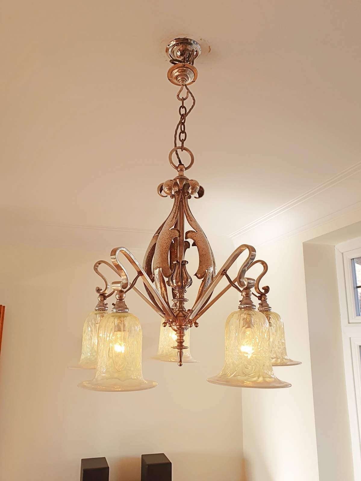 Unsigned | 5-Branch Silver-plated Arts & Crafts Chandelier | England c.1915 | SOLD - Image 3