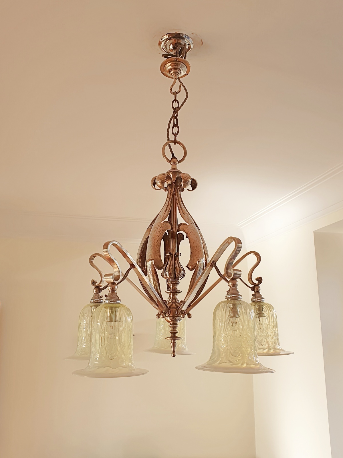 Unsigned | 5-Branch Silver-plated Arts & Crafts Chandelier | England c.1915 | SOLD - Image 4