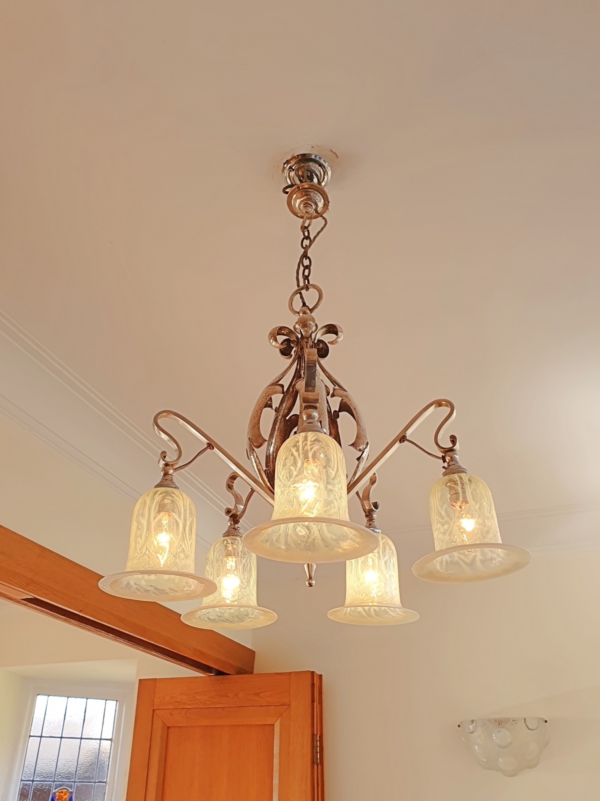 Unsigned | 5-Branch Silver-plated Arts & Crafts Chandelier | England c.1915 | SOLD - Image 5