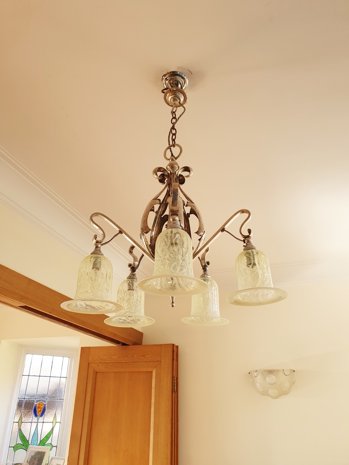 Unsigned | 5-Branch Silver-plated Arts & Crafts Chandelier | England c.1915 | SOLD - Image 6