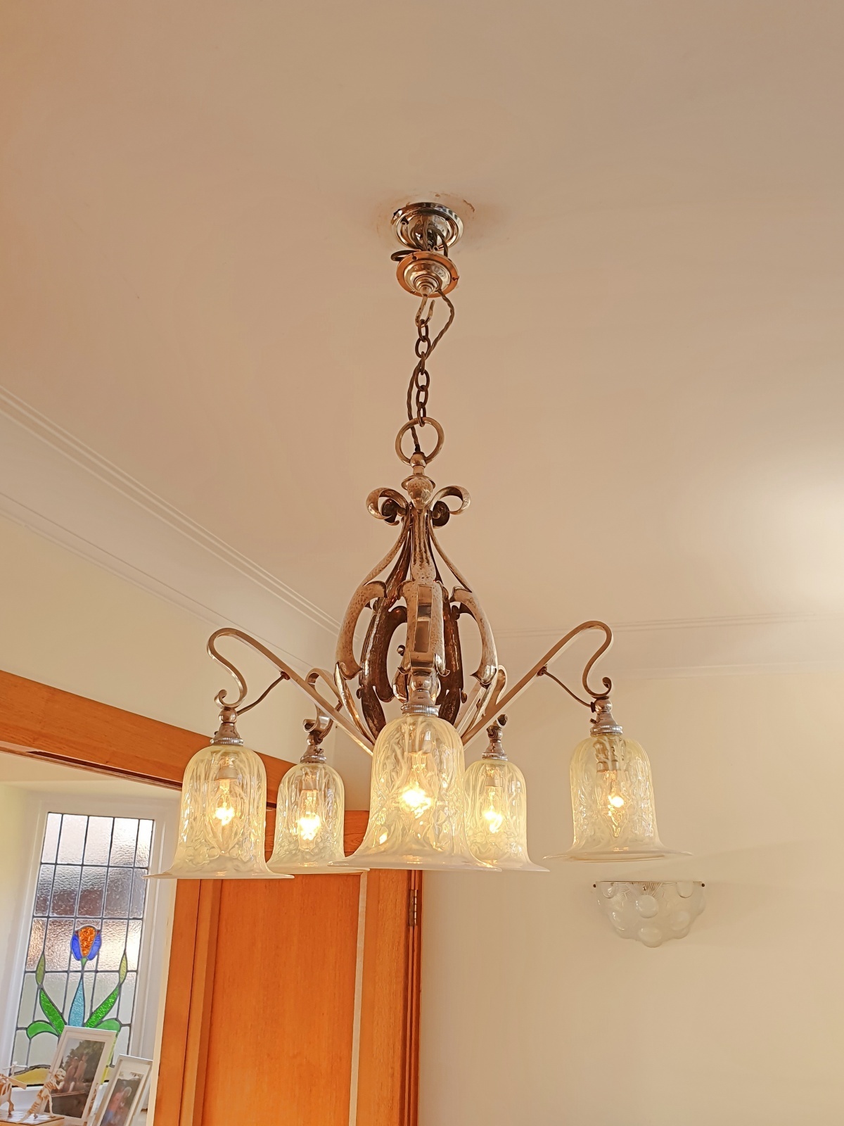 Unsigned | 5-Branch Silver-plated Arts & Crafts Chandelier | England c.1915 | SOLD - Image 7