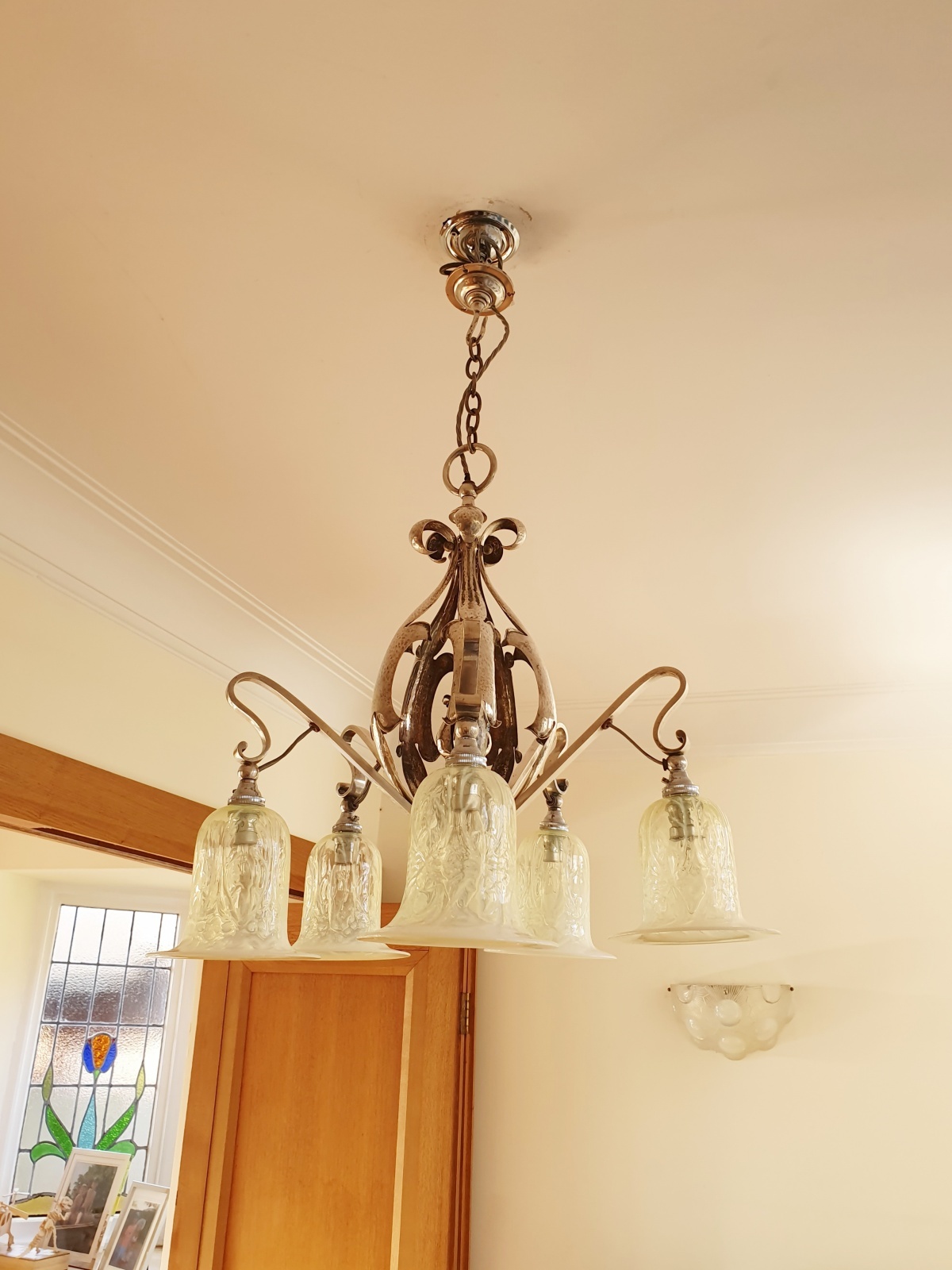 Unsigned | 5-Branch Silver-plated Arts & Crafts Chandelier | England c.1915 | SOLD - Image 8