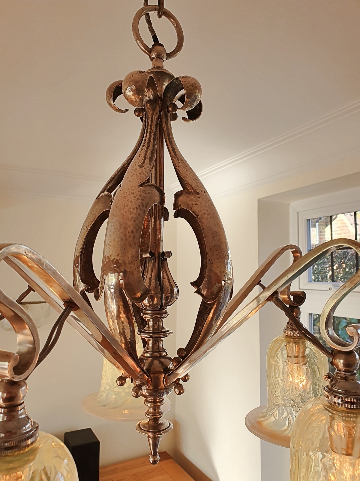 Unsigned | 5-Branch Silver-plated Arts & Crafts Chandelier | England c.1915 | SOLD - Image 10