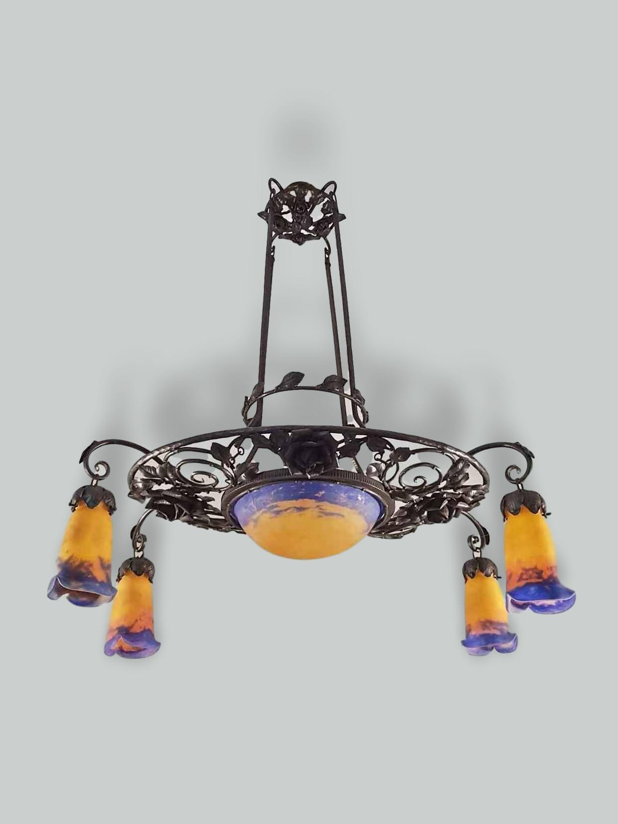 Muller Frères, Luneville | Orange & Blue Pate-de-verre Chandelier | France c.1925 | SOLD