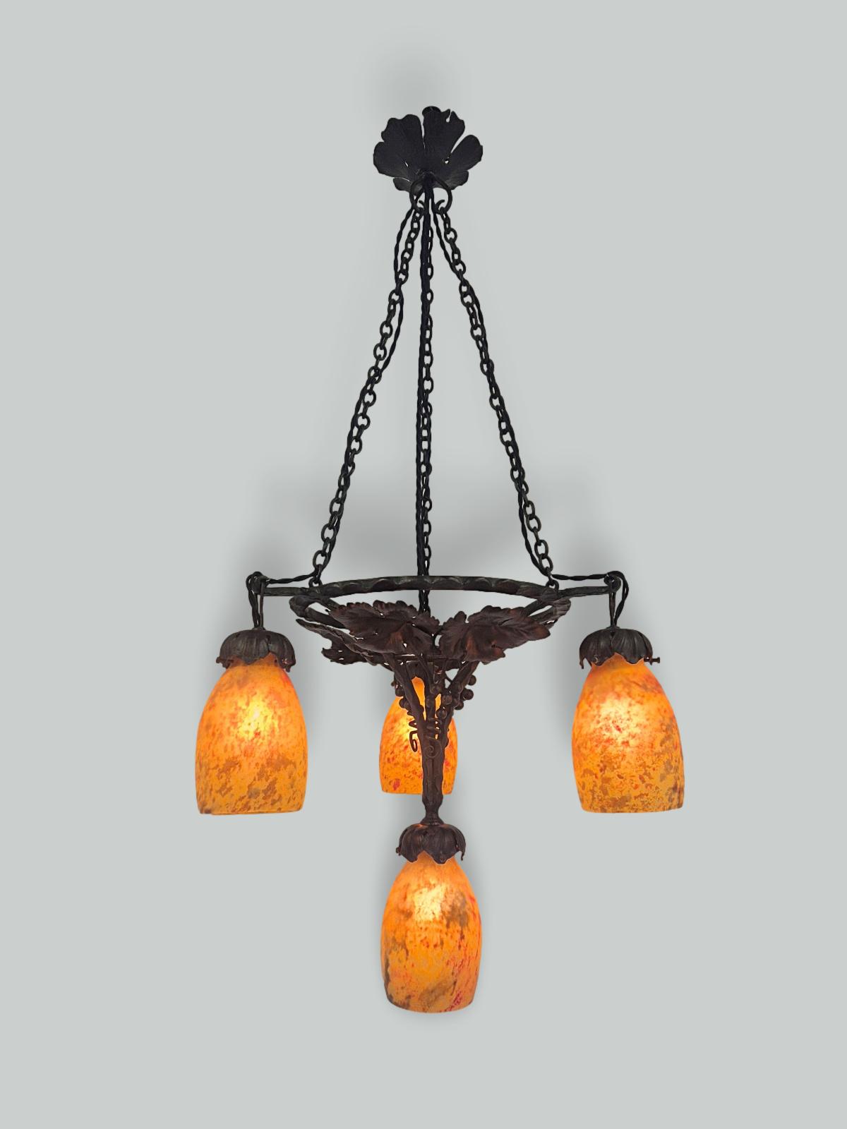 Daum Frères, Nancy | Pate-de-verre Wrought-iron Hanging Light | France c.1925