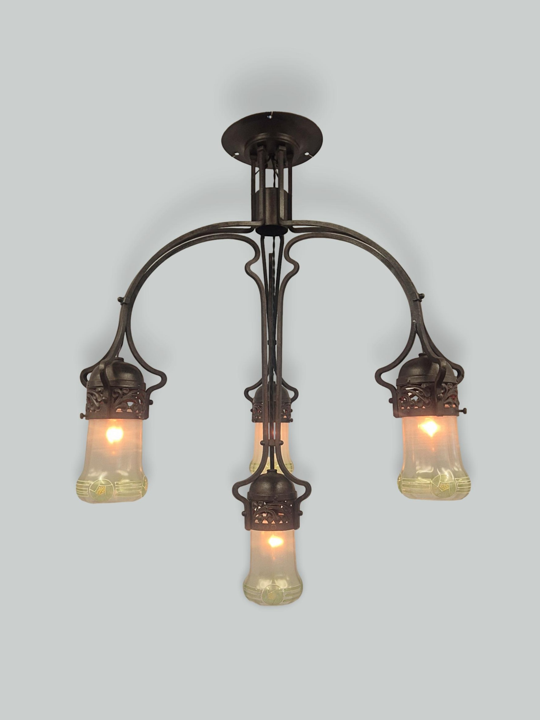 Style of Gustave Serrurier-Bovy | Monumental Wrought-iron Art Nouveau Chandelier | Belgium c.1900-05