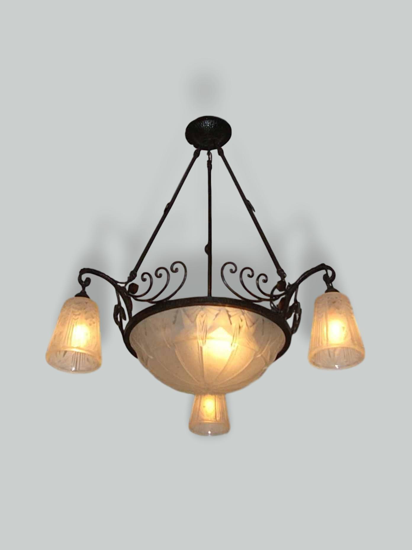 Muller Frères, Luneville | Wrought-Iron Art Deco Chandelier | France c.1930 | SOLD