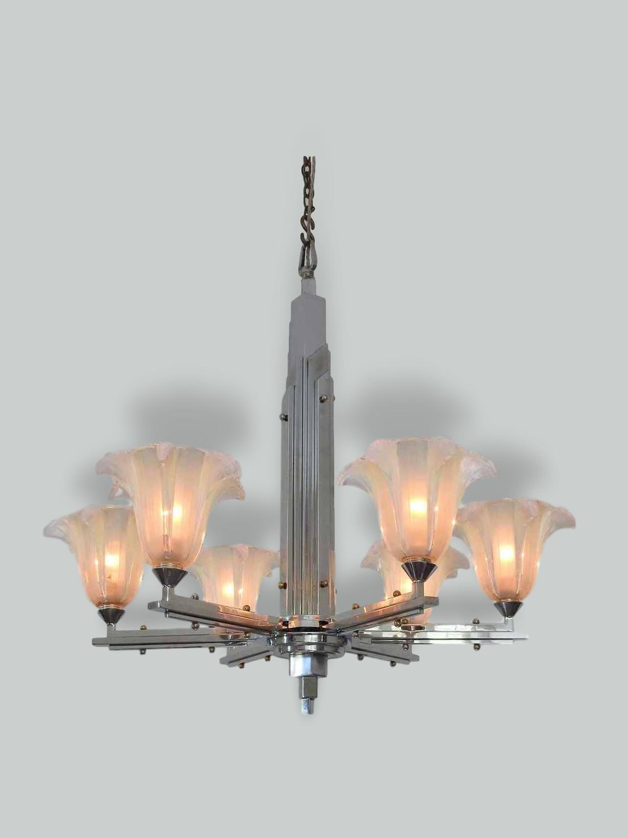 Ezan (Jean Gauthier) | Chrome Art Deco Chandelier | France c.1930 | SOLD