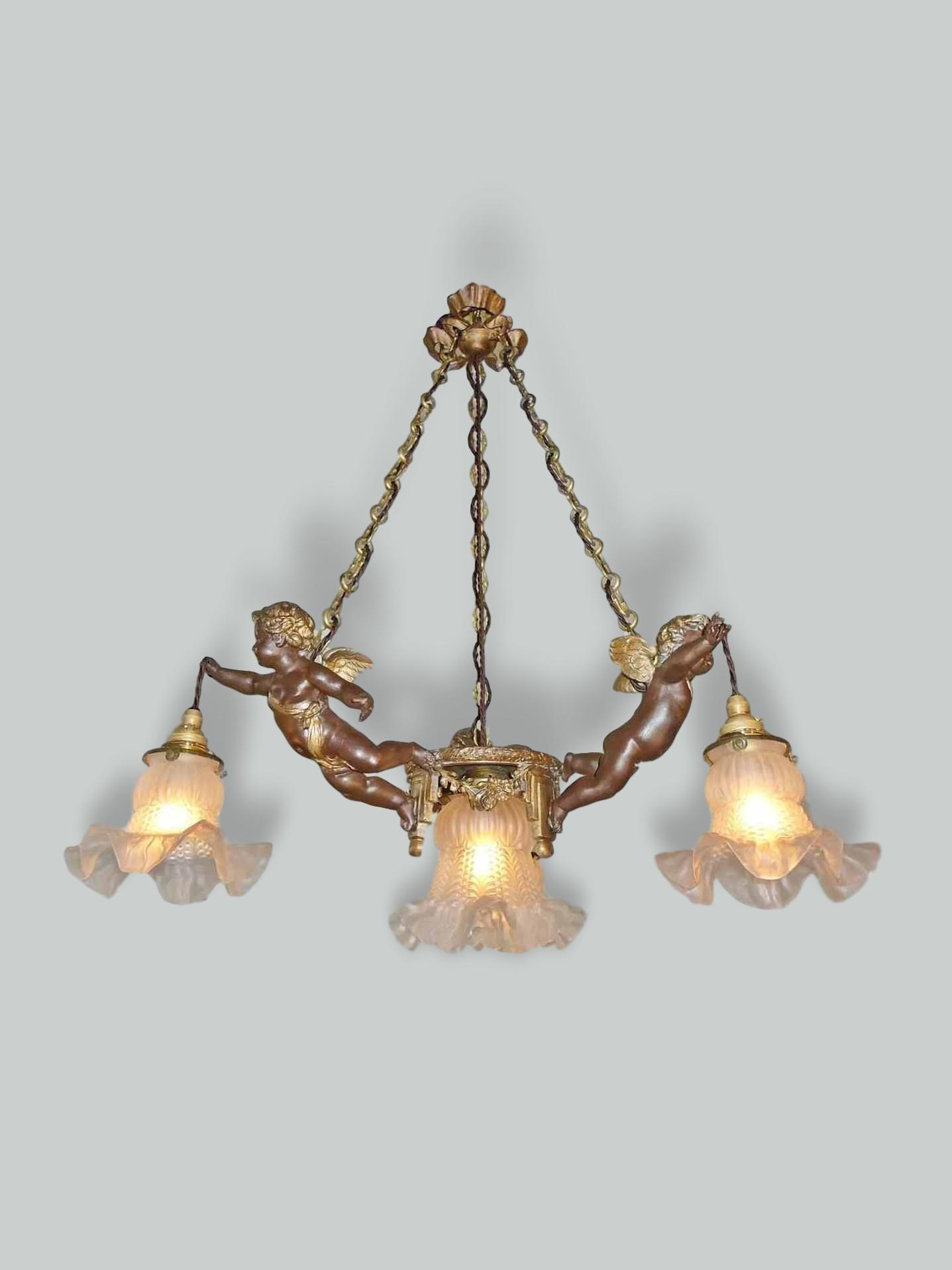 Unsigned | Gilt-Metal Cherub Ceiling Light | France c.1910-30