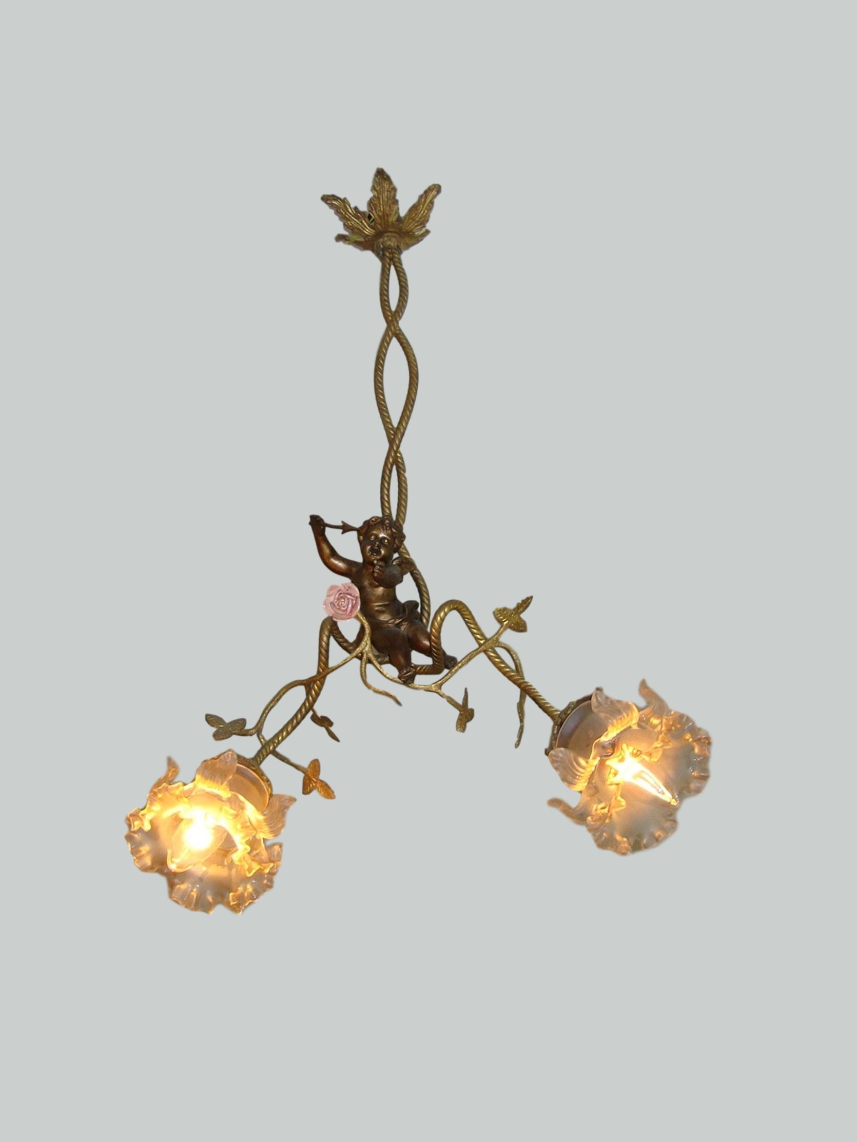 Unsigned | Twin-Arm Cherub Hanging Lamp | France c.1910-30 | SOLD