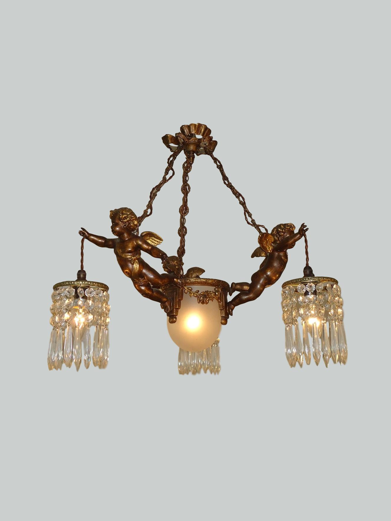 Unsigned | 3-Branch Cherub Ceiling Light | France c.1910-20 | SOLD