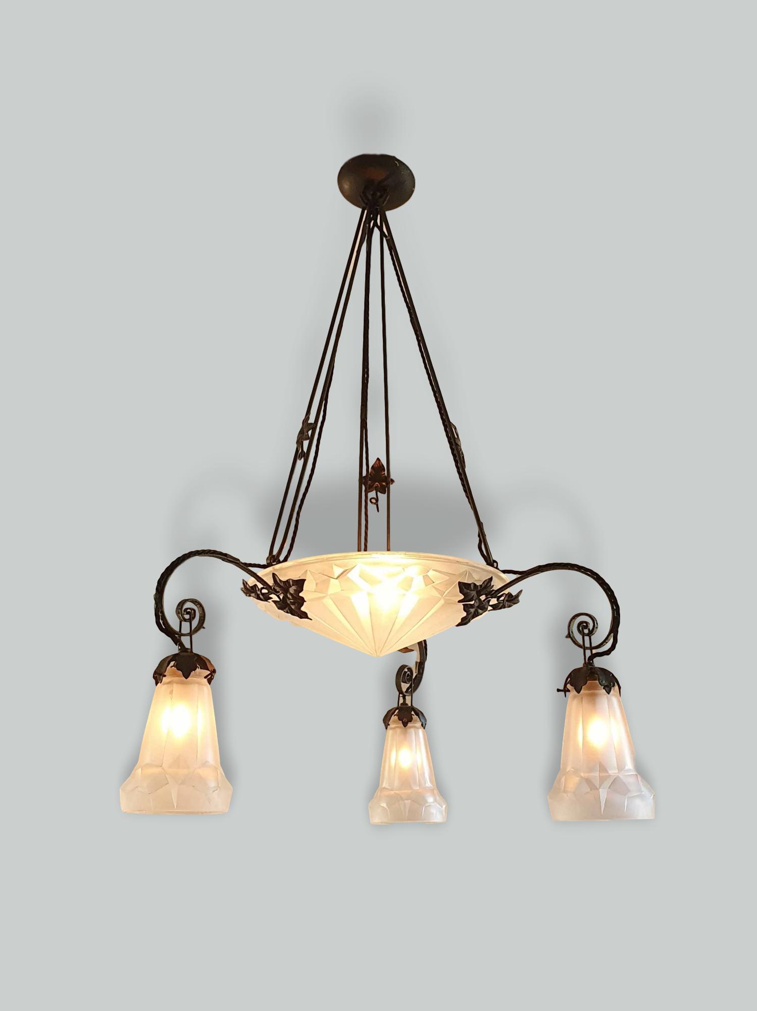 Verrerie D'art Degué | Wrought-Iron Ceiling Light | France c.1935