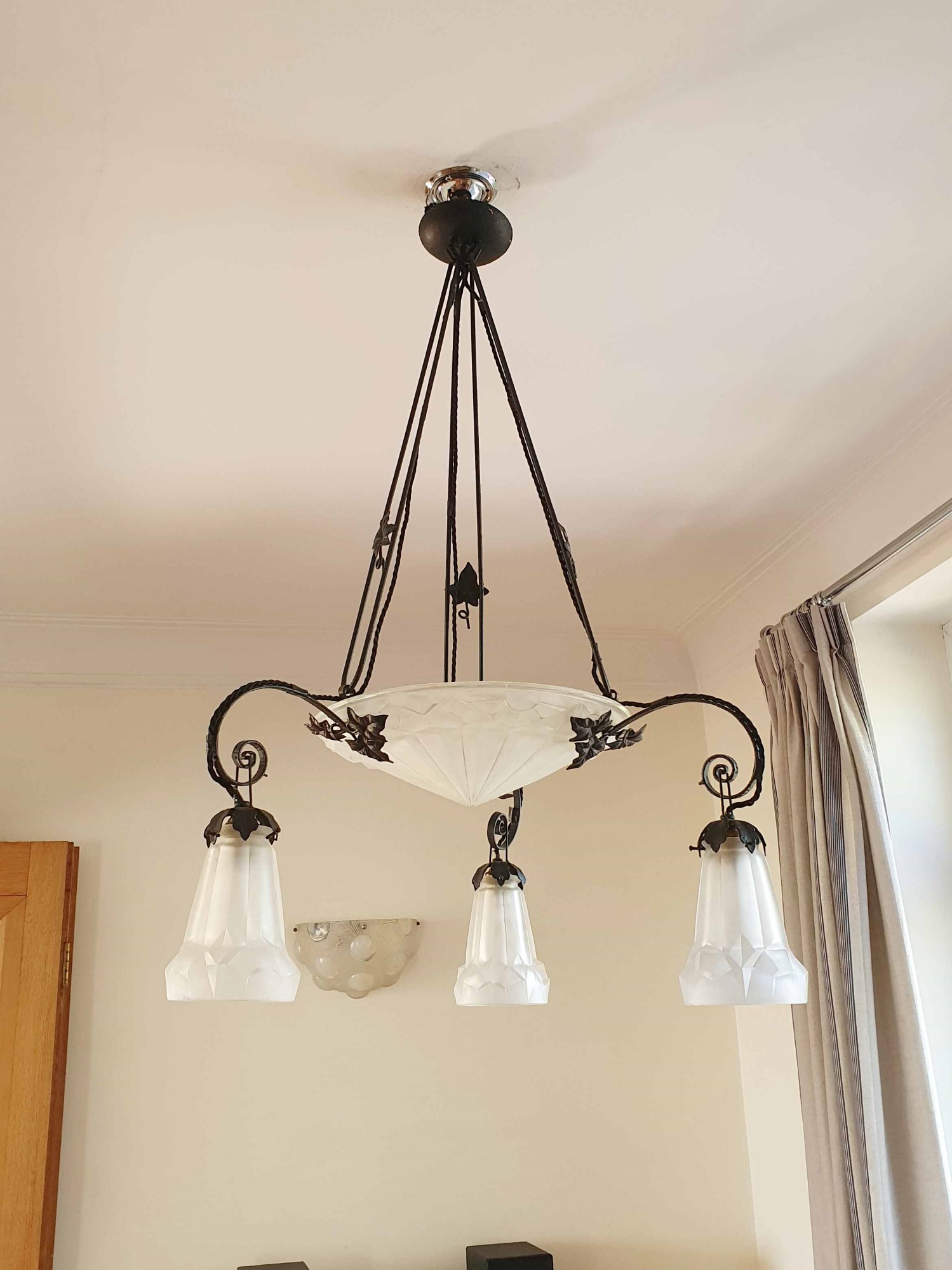 Verrerie D'art Degué | Wrought-Iron Ceiling Light | France c.1935 - Image 2