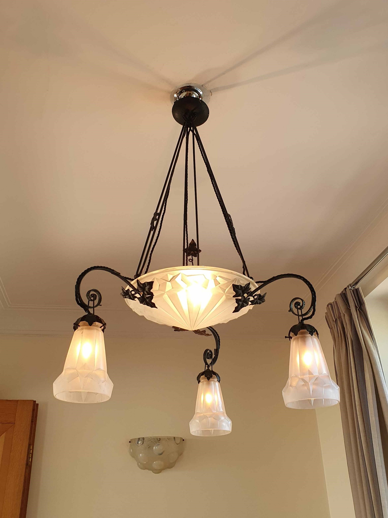 Verrerie D'art Degué | Wrought-Iron Ceiling Light | France c.1935 - Image 3