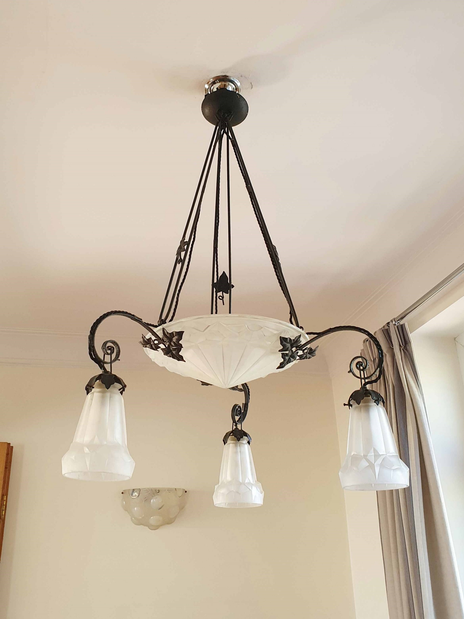 Verrerie D'art Degué | Wrought-Iron Ceiling Light | France c.1935 - Image 4