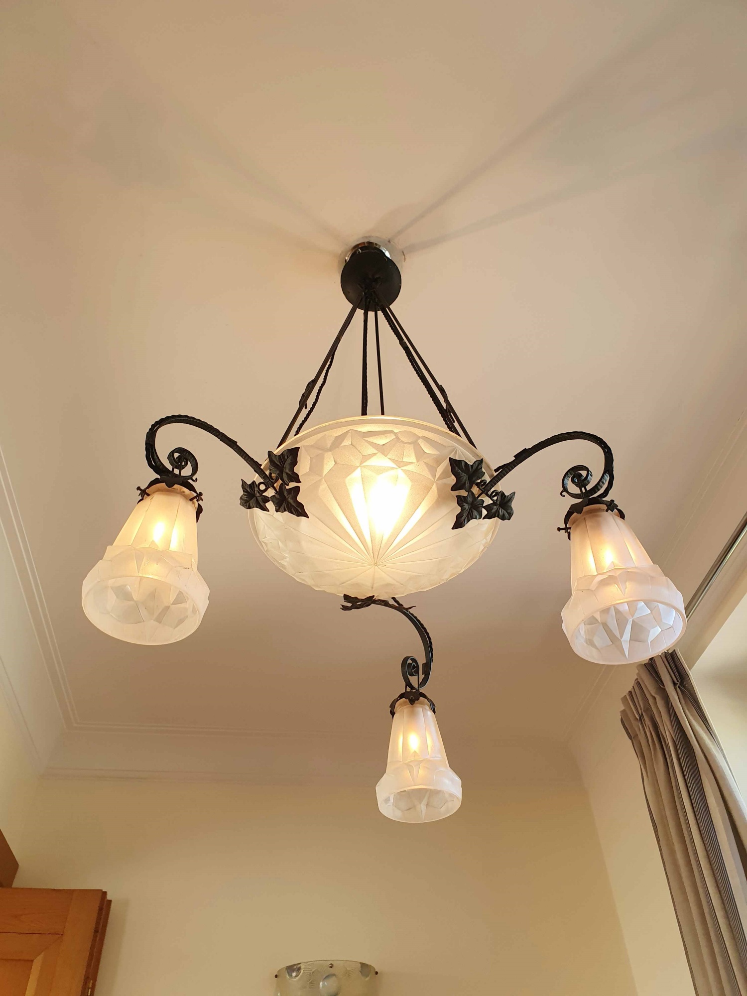 Verrerie D'art Degué | Wrought-Iron Ceiling Light | France c.1935 - Image 5