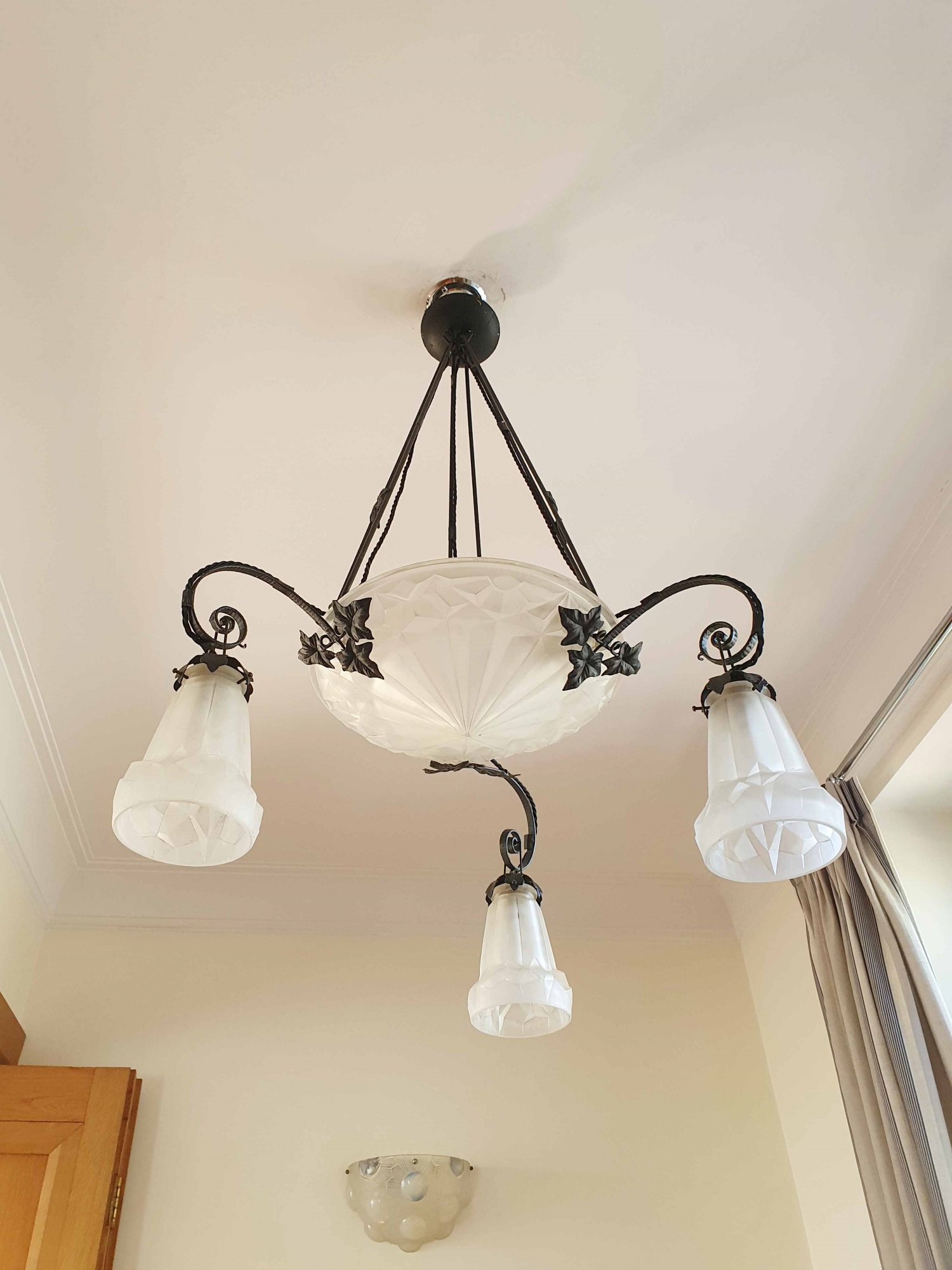 Verrerie D'art Degué | Wrought-Iron Ceiling Light | France c.1935 - Image 6