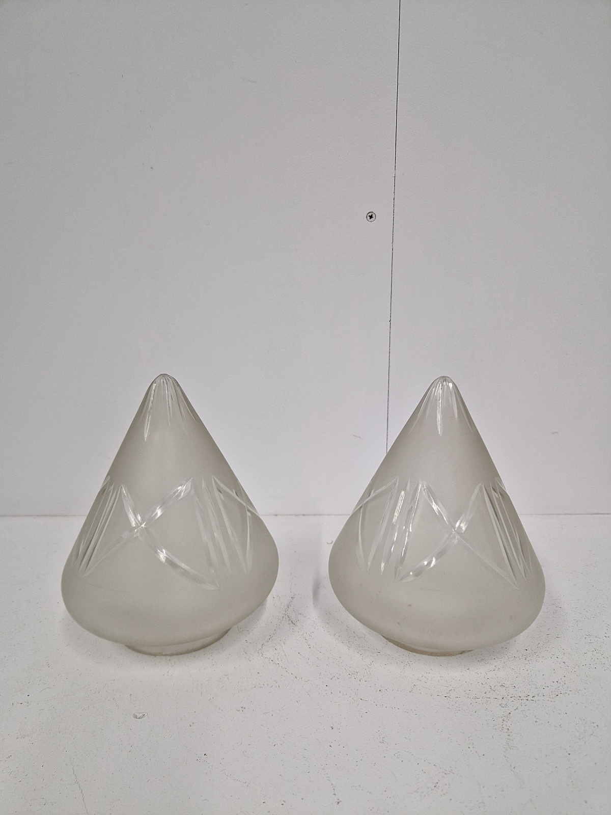 2 Cut-Glass & Frosted Conical Lampshades