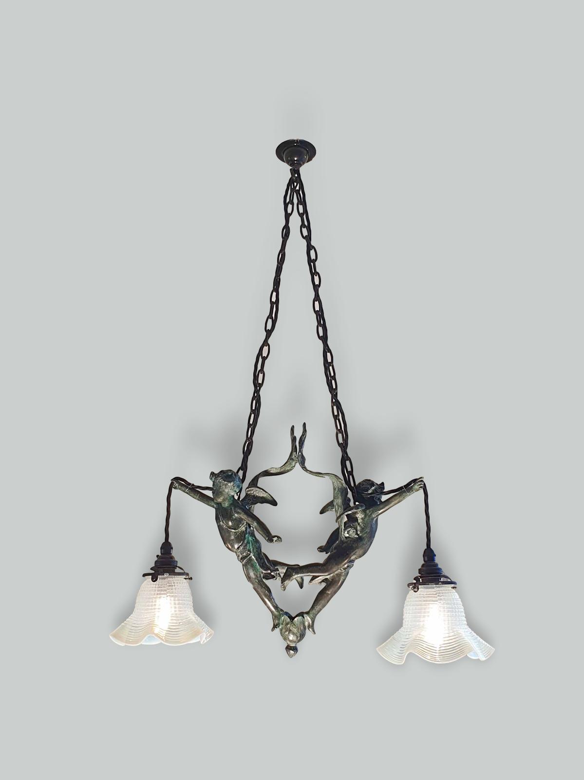 Unsigned | Bronze 2-Branch Cherub Hanging Lamp | France first half c.20th