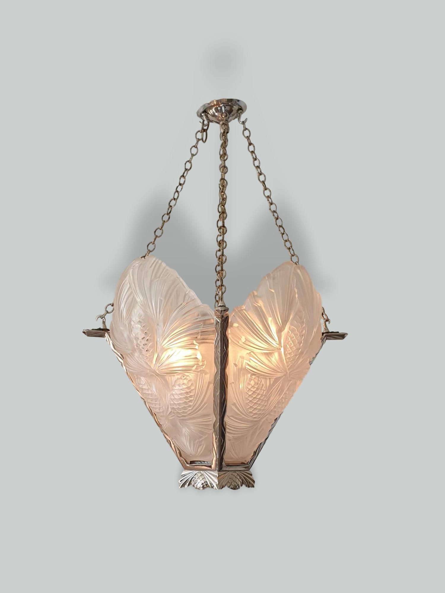 Ernst-Marius Sabino | "Les Pins" Silvered-Bronze Art Deco Hanging Lamp | France c.1930 | SOLD