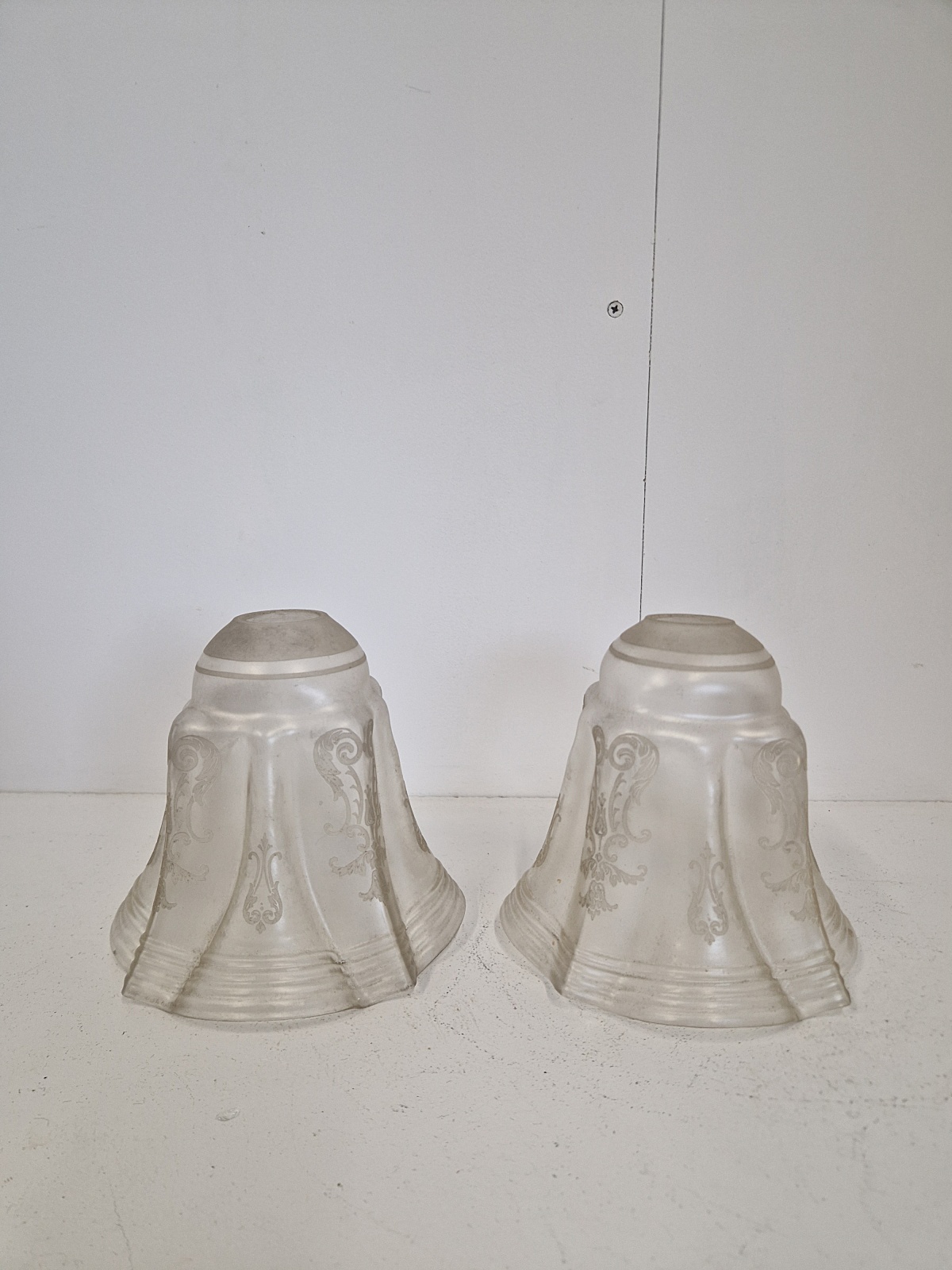 Unsigned | 2 Satin & Etched Glass Lampshades | England c.1910