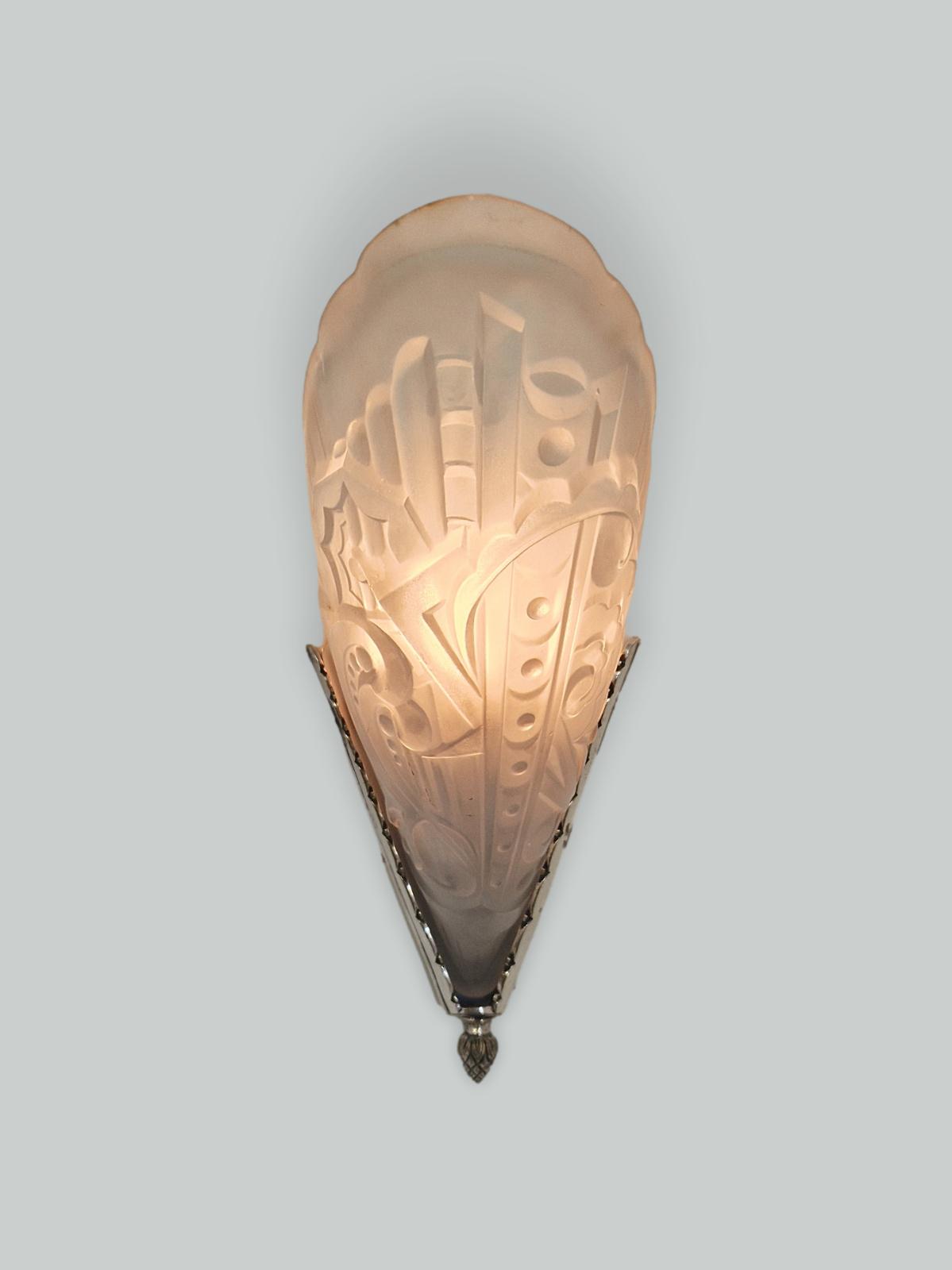 Style of André Delatte | 2 Frosted Glass Art Deco Wall Lights | France c.1930