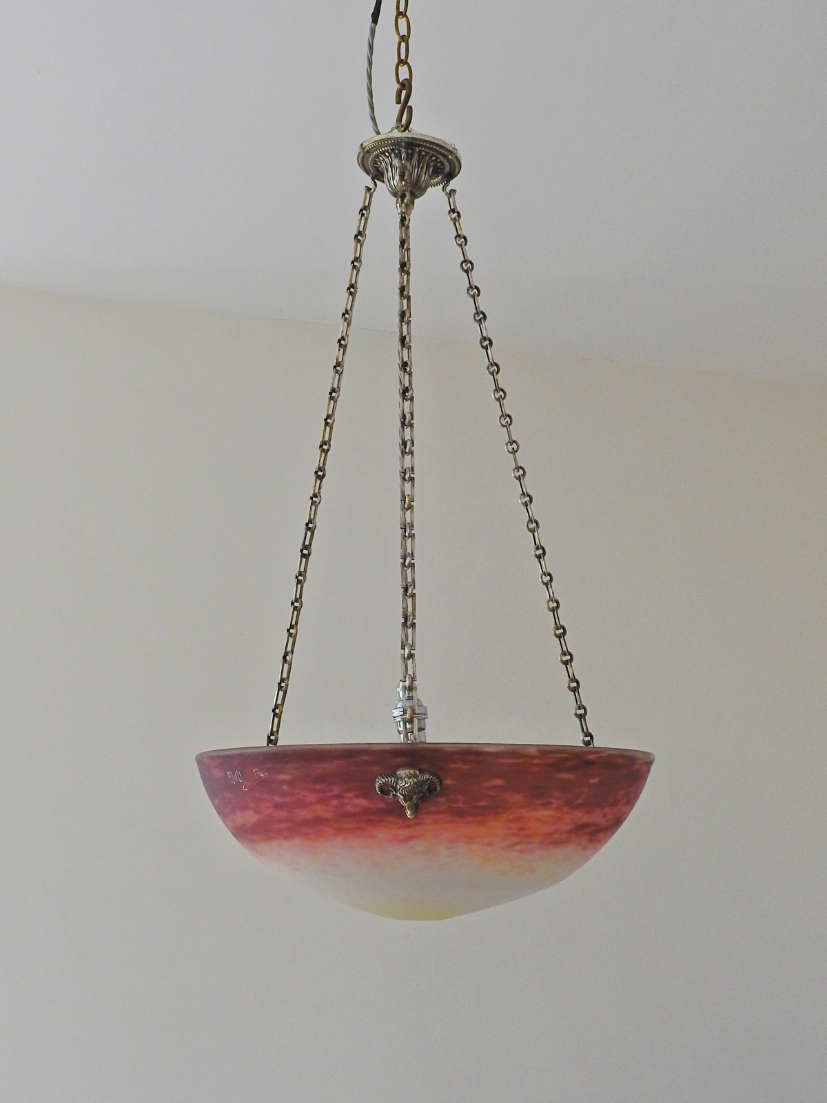 Muller Frères, Luneville | Pate-de-verre Plafonnier | Silver Ram's Head Chains | SOLD - Image 4