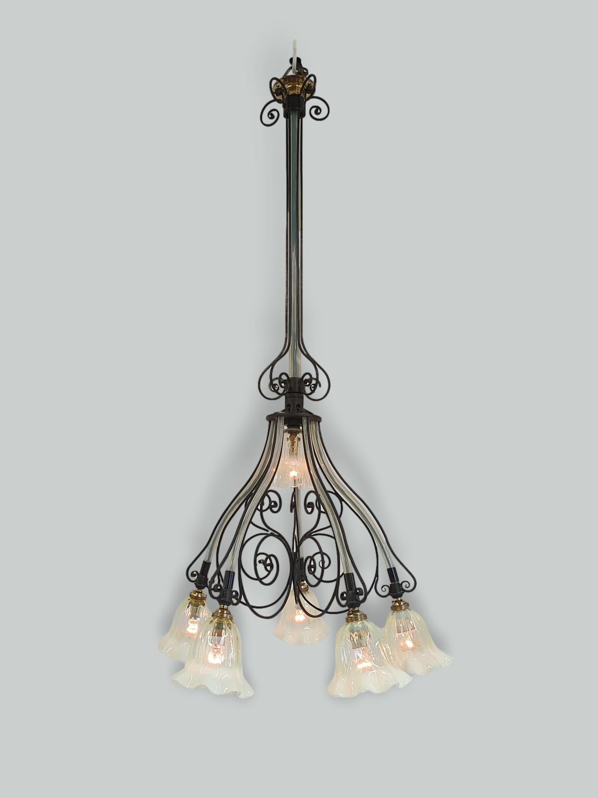 Harry Powell for James Powell & Sons (Whitefriars) | 5 Branch Arts & Crafts Chandelier | England c.1900