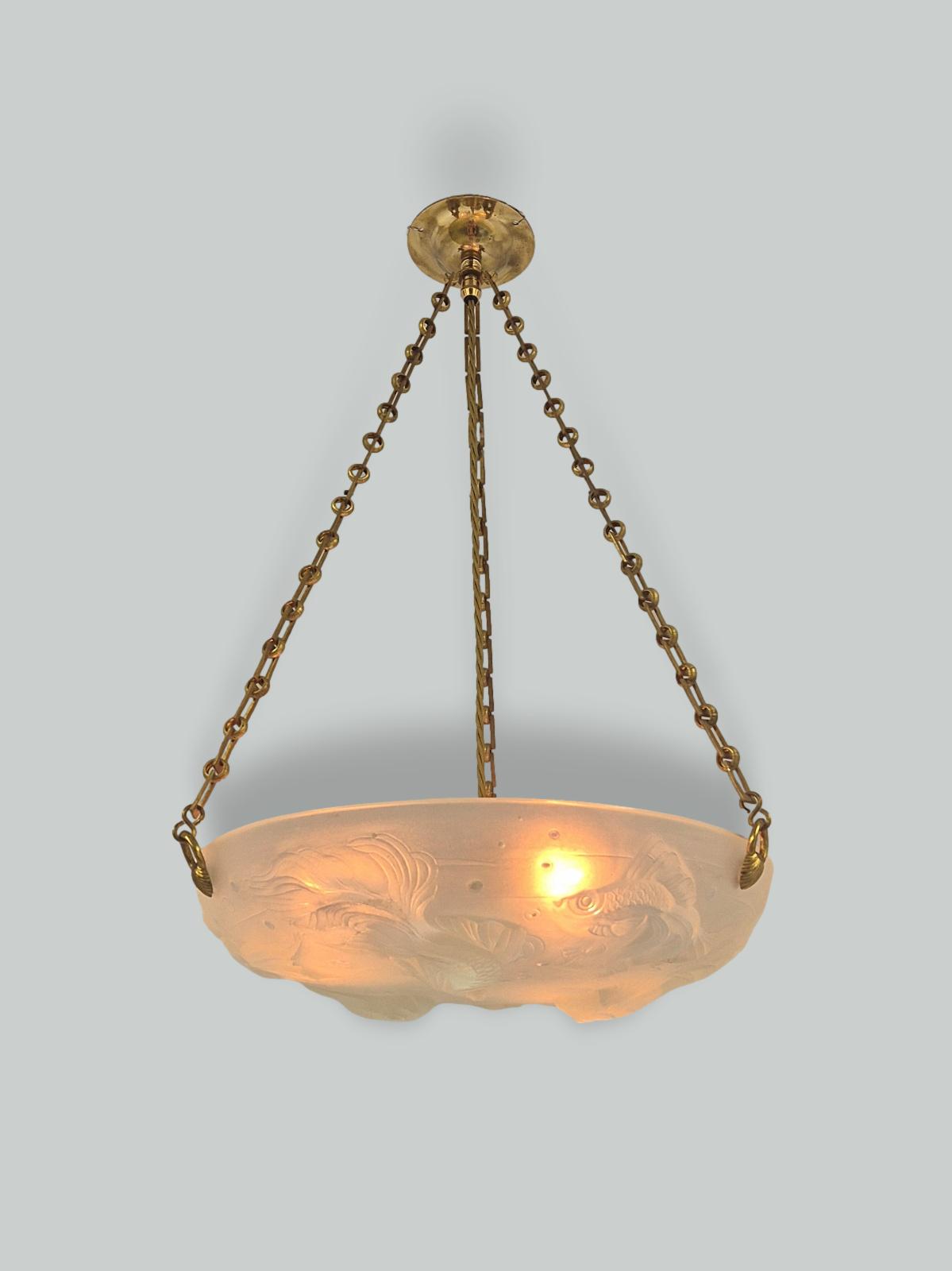 Ernst-Marius Sabino | 2 "Les Poissons" Opalescent Glass Plafonniers | France c.1930