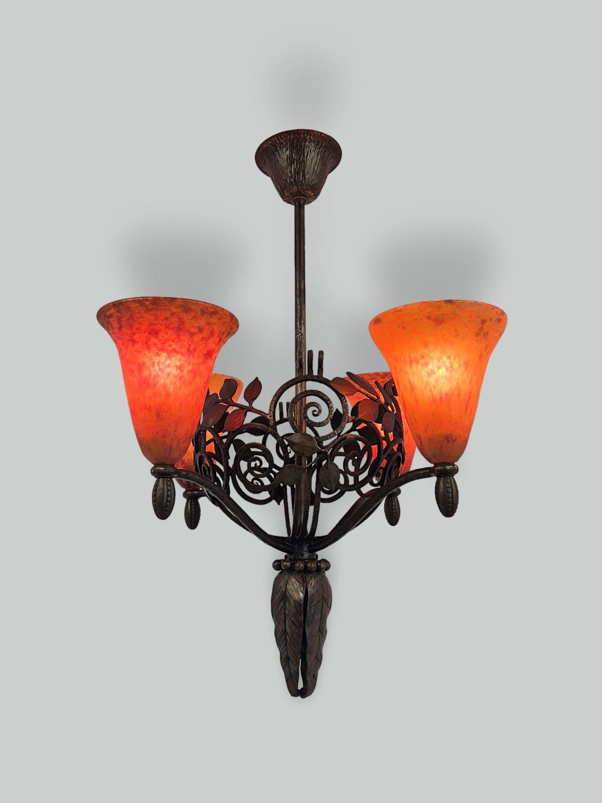 Edgar Brandt & Daum Frères | French Art Deco Wrought-Iron and "Pâte-de-Verre" Chandelier | France c. 1925