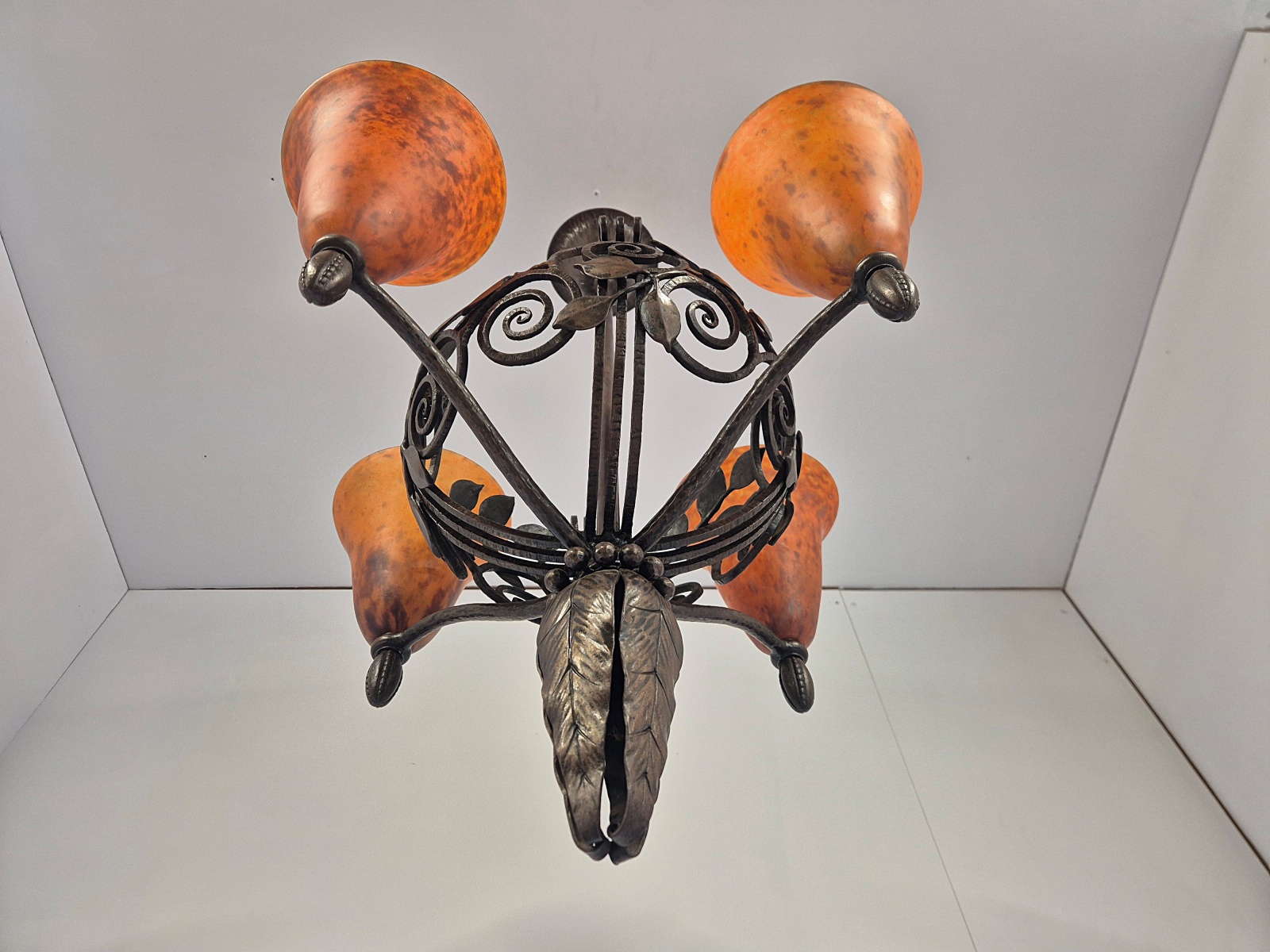 Edgar Brandt & Daum Frères | French Art Deco Wrought-Iron and "Pâte-de-Verre" Chandelier | France c. 1925 - Image 11