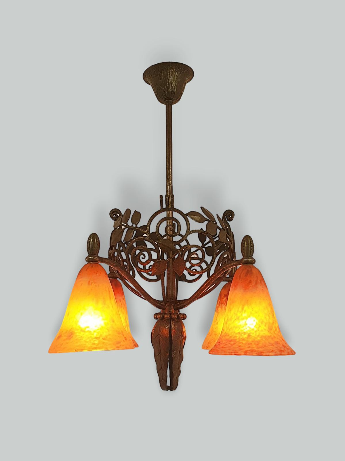 Edgar Brandt & Daum Frères | 4-Branch Wrought-iron Chandelier | France c.1920