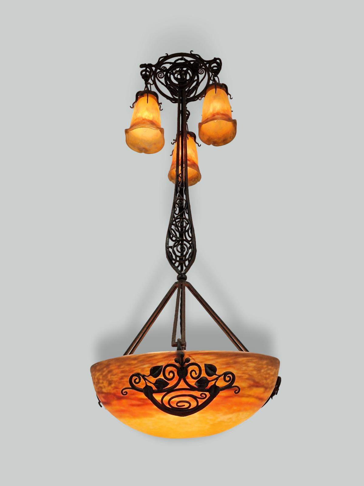 Muller Frères, Luneville | Wrought-iron & Pate-de-verre Chandelier | France c.1920