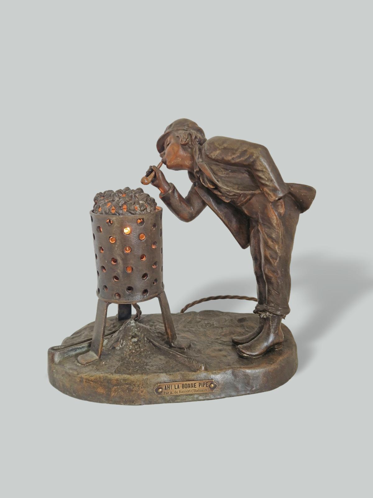 "Ah! La Bonne Pipe" par Aristide de Ranieri | Bronzed-Spelter Figural Night-light | France c.1925