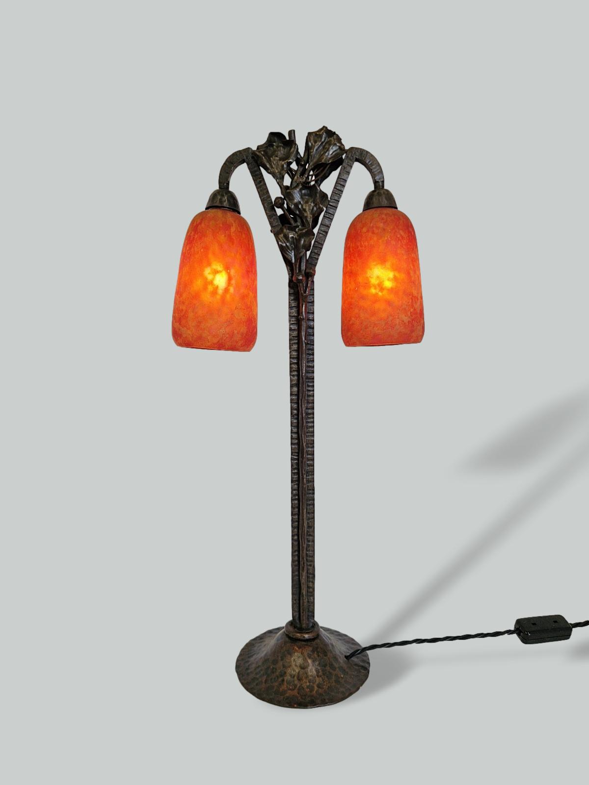 Barthélémie, Marsailles & Daum Frères, Nancy | Wrought-Iron Twin-arm Table Lamp | France c.1920