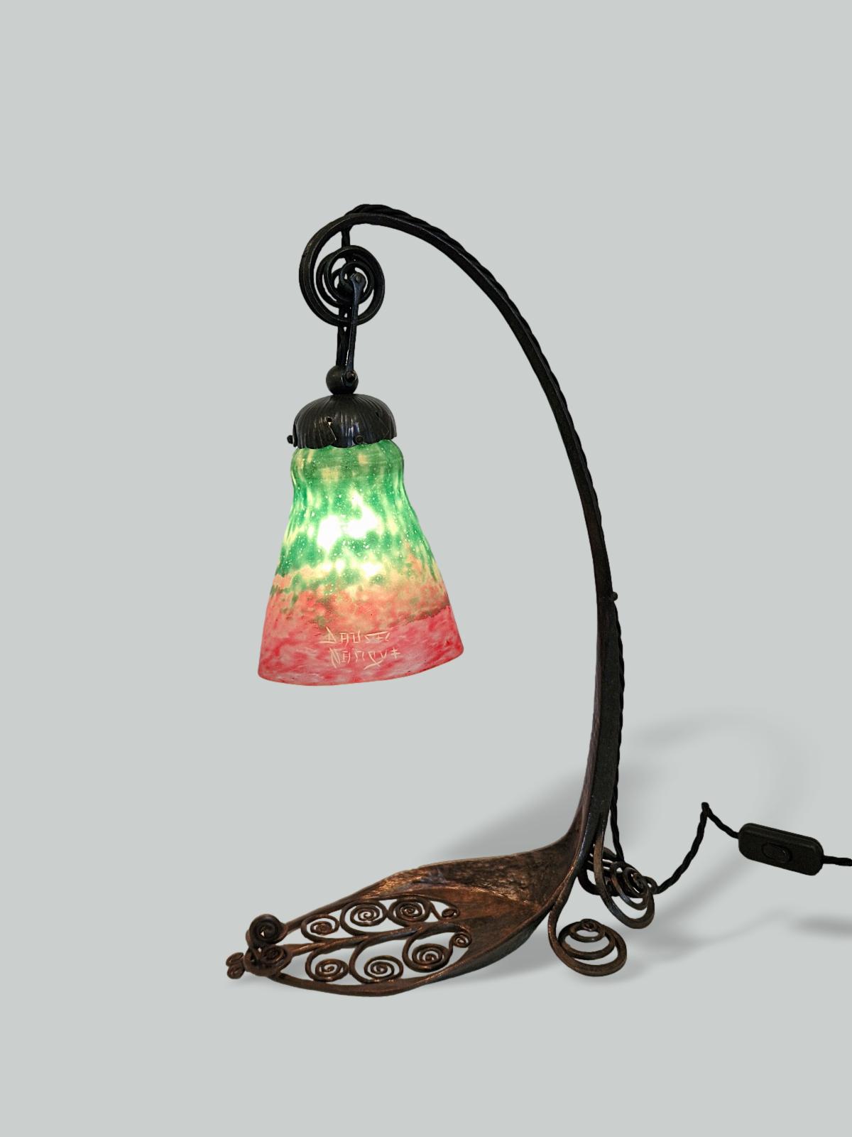 Attributed Edgar Brandt with Daum Frères | Wrought-iron & Pate-de-verre Desk Lamp | France c.1920