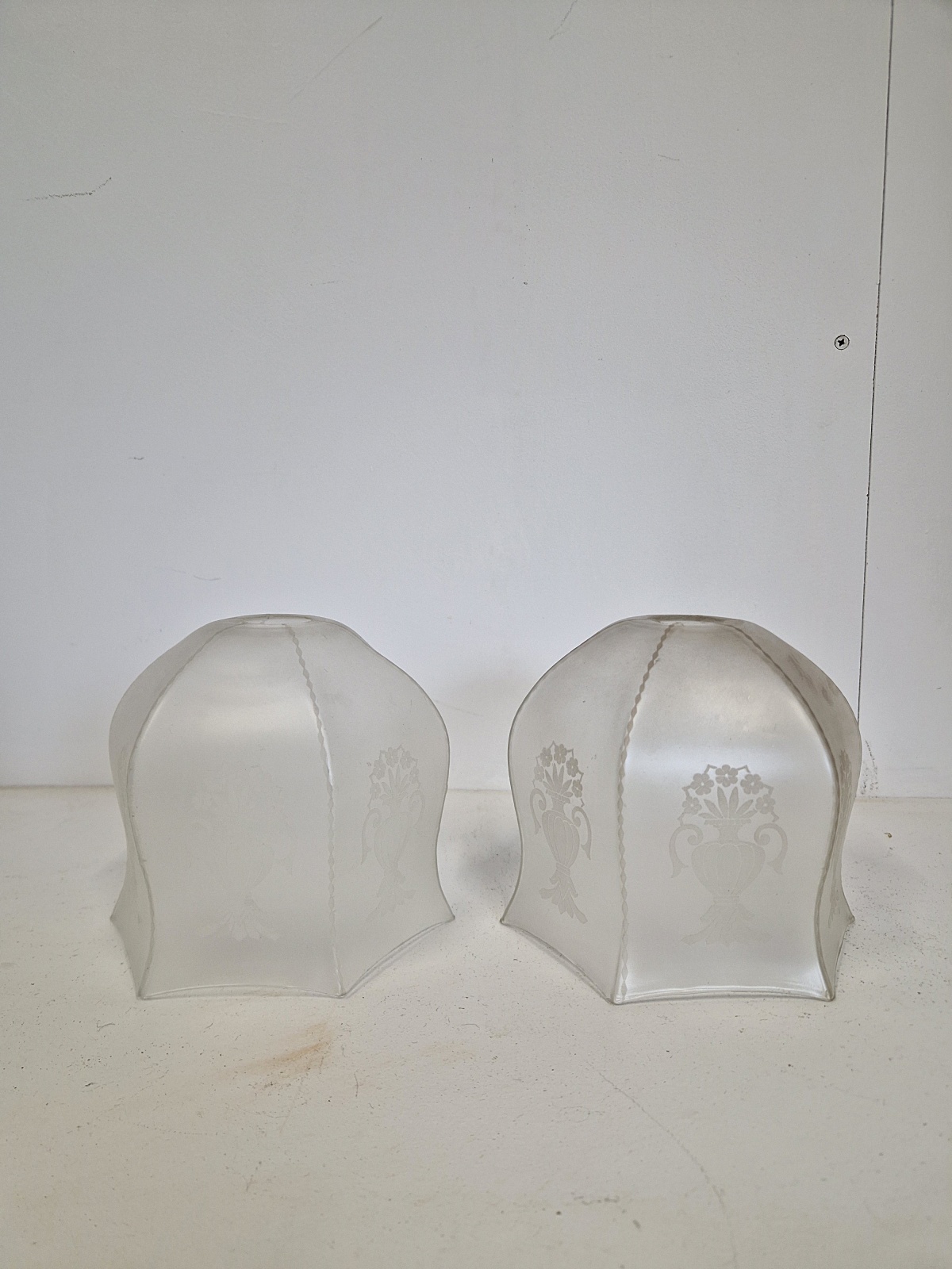 Unsigned | 2 Satin & Acid Etched Lampshades | English c.1910