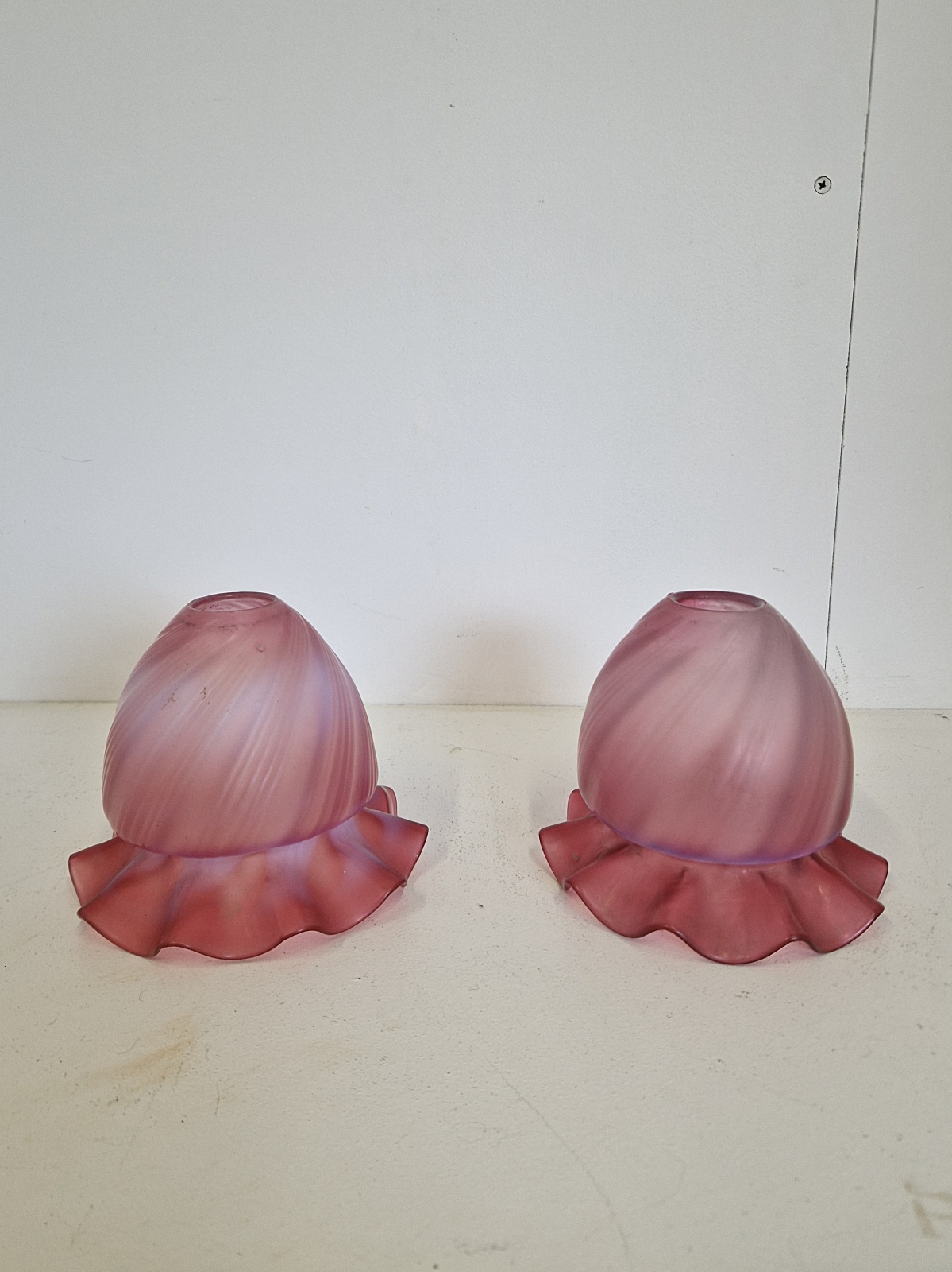 Unsigned | 2 Similar Cranberry-vaseline Lampshades | England c.1900