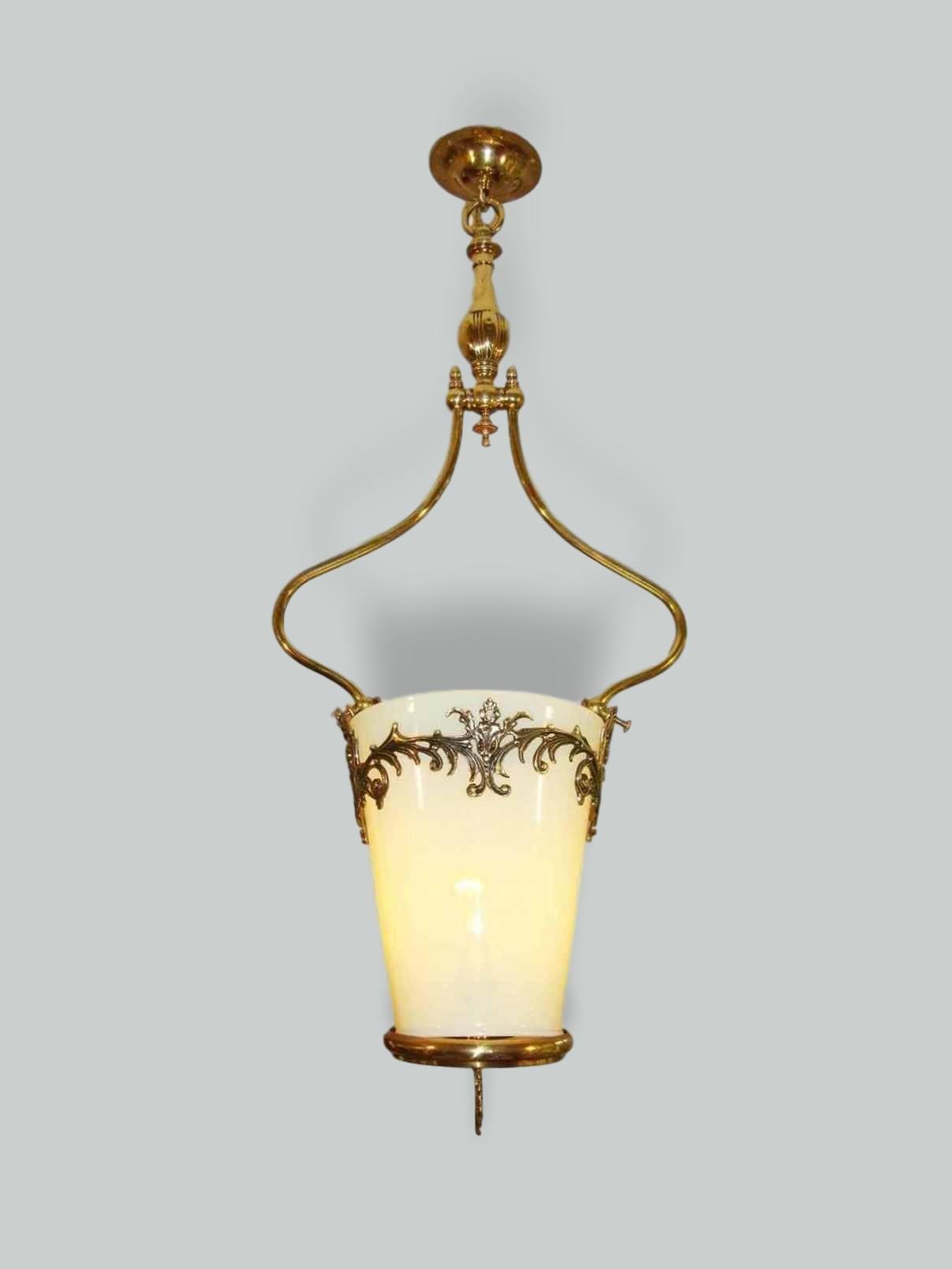 Unsigned | Victorian Brass & Vaseline Glass "Lyre" Lantern | England c.1880