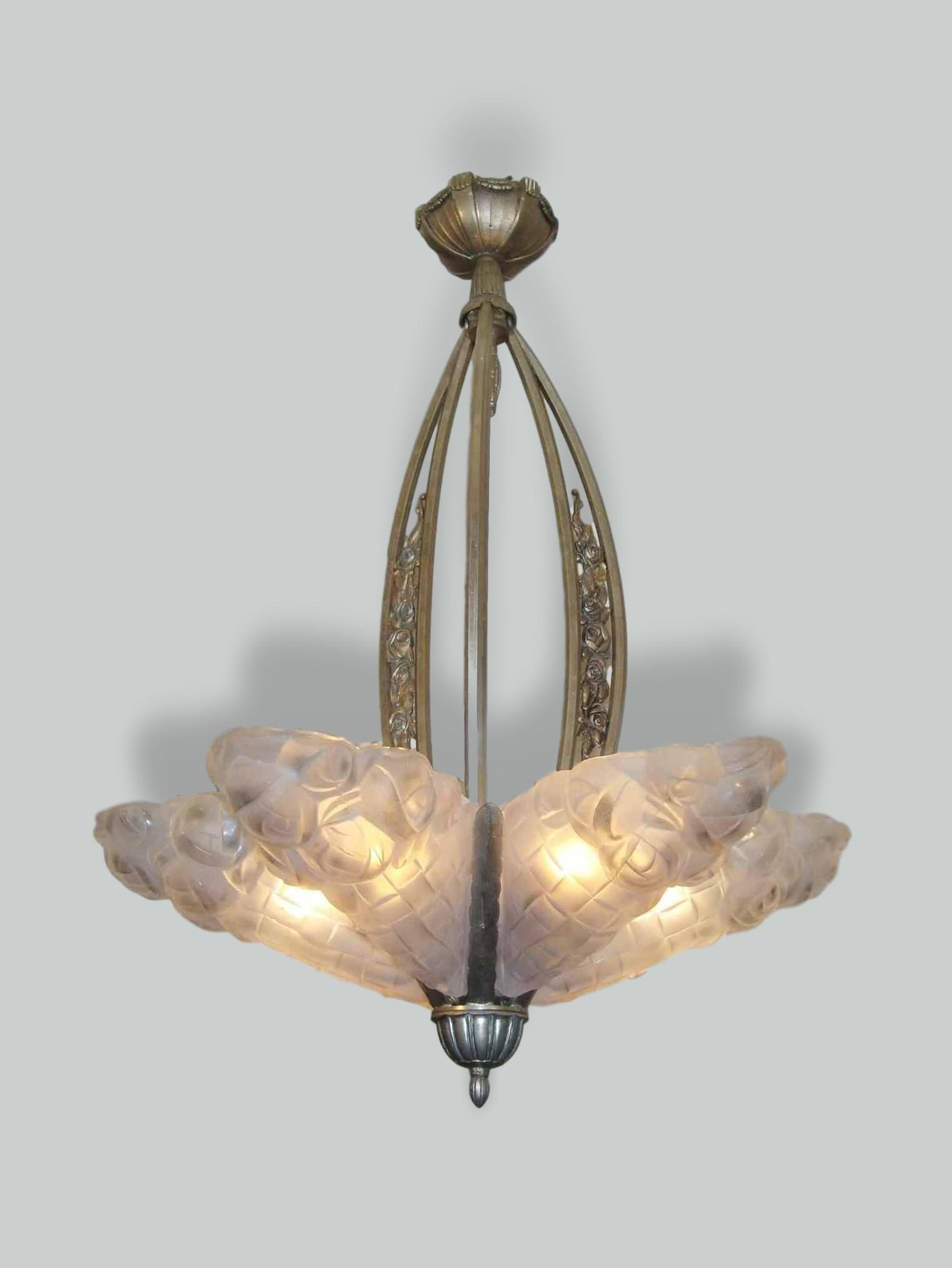 Verrerie D'art Degué | Nickelled-Bronze Art Deco Chandelier | France c.1925