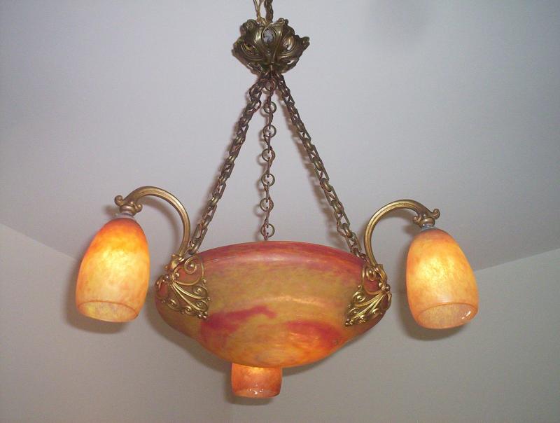 Louis Majorelle with Daum Frères, Nancy | Gilt-Bronze Pate-de-verre Chandelier | France c.1910-20 | SOLD - Image 2