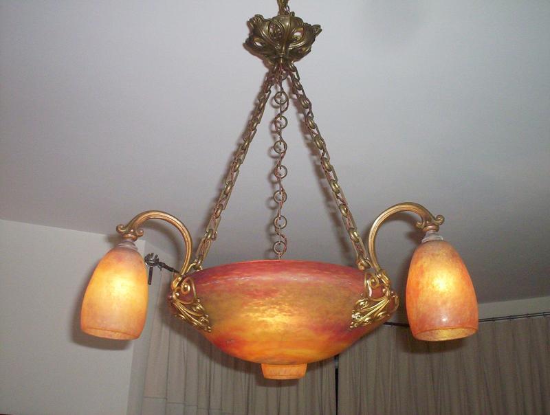 Louis Majorelle with Daum Frères, Nancy | Gilt-Bronze Pate-de-verre Chandelier | France c.1910-20 | SOLD - Image 5